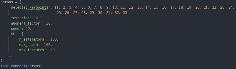 Code parameters attached to the ClearML task. We can later change these during hyperparameter optimization process.