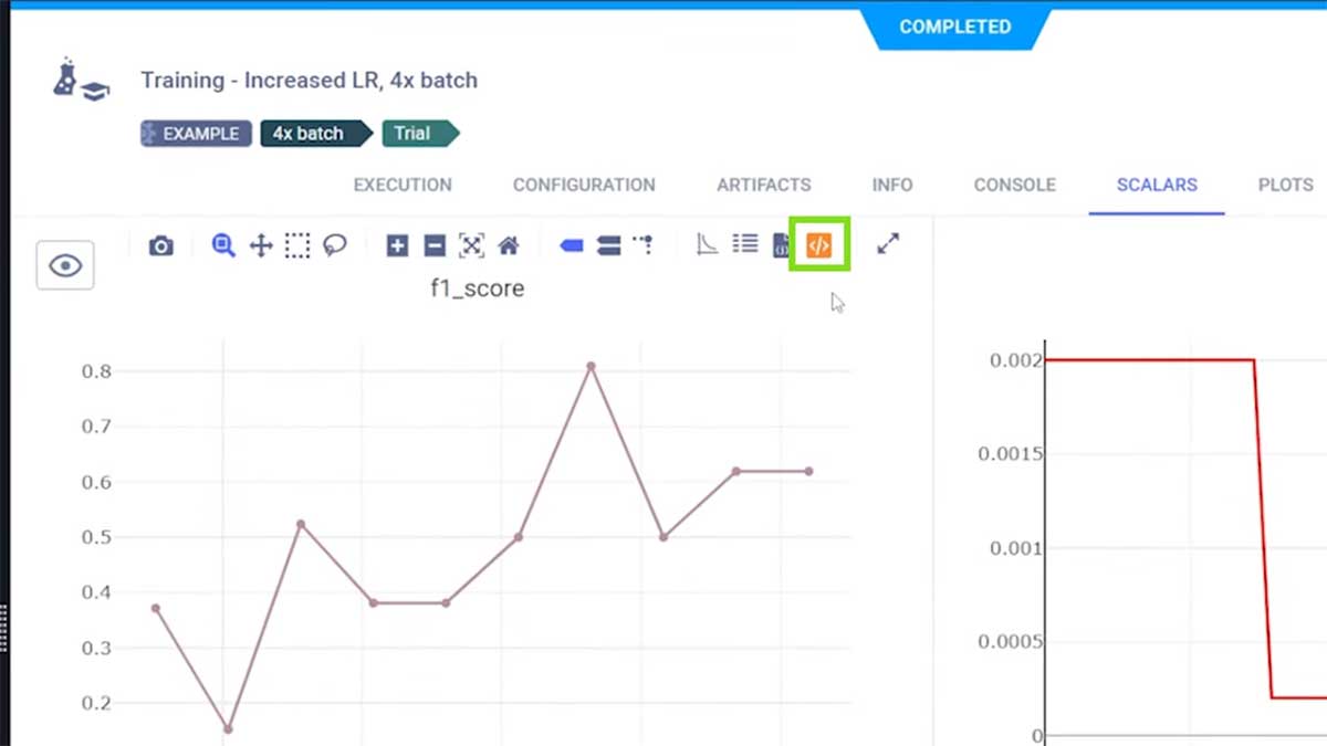 Experiment Manager page with code button highlighted